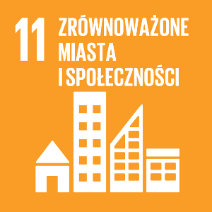 Ikona celu 11 ONZ: zrównoważone miasta i społeczności na żółtym tle